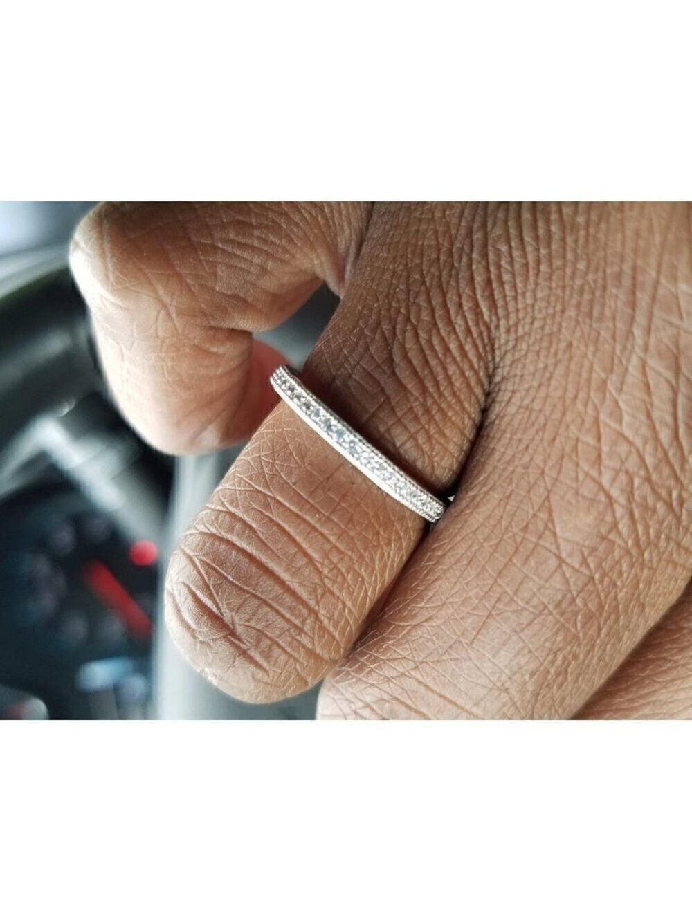 𝅺.925 Sterling Silver Platinum Plated Simulated Diamond 2mm Ring Elegant Band CZ